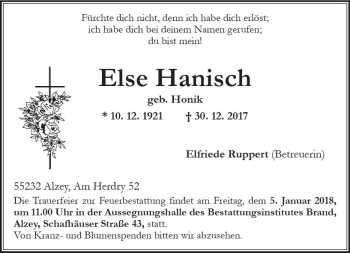 Traueranzeige von Else Hanisch von Trauerportal Rhein Main Presse