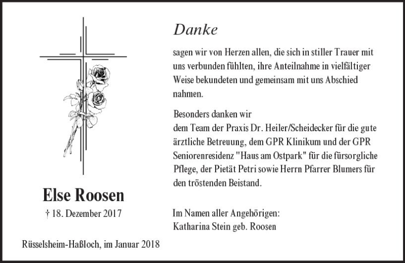  Traueranzeige für Else Roosen vom 13.01.2018 aus Trauerportal Rhein Main Presse
