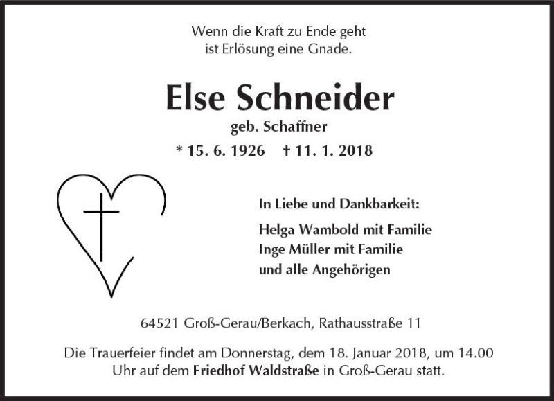  Traueranzeige für Else Schneider vom 16.01.2018 aus Trauerportal Rhein Main Presse