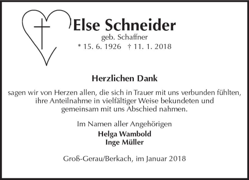  Traueranzeige für Else Schneider vom 27.01.2018 aus Trauerportal Rhein Main Presse