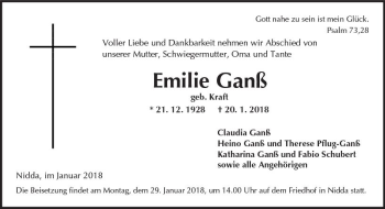 Traueranzeige von Emilie Ganß von  Kreisanzeiger