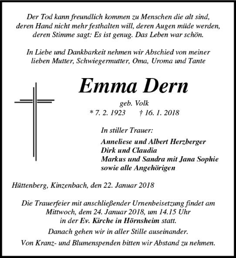  Traueranzeige für Emma Dern vom 22.01.2018 aus  Gießener Anzeiger