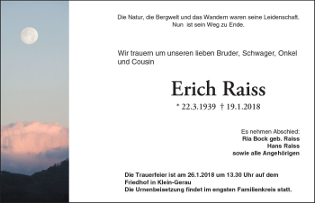 Traueranzeige von Erich Raiss von Trauerportal Rhein Main Presse