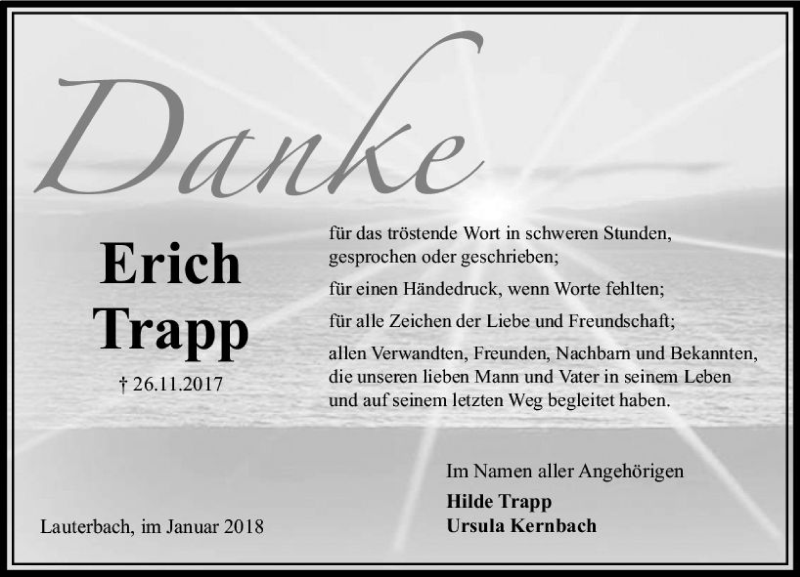  Traueranzeige für Erich Trapp vom 13.01.2018 aus VRM Trauer