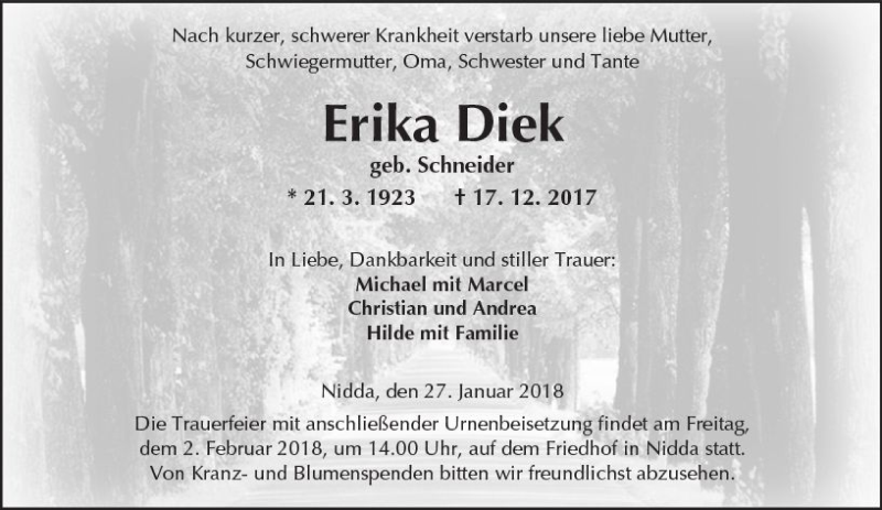  Traueranzeige für Erika Diek vom 27.01.2018 aus  Kreisanzeiger