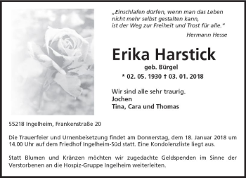 Traueranzeige von Erika Harstick von Trauerportal Rhein Main Presse