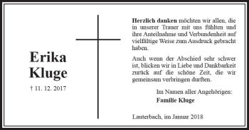 Traueranzeige von Erika Kluge von VRM Trauer