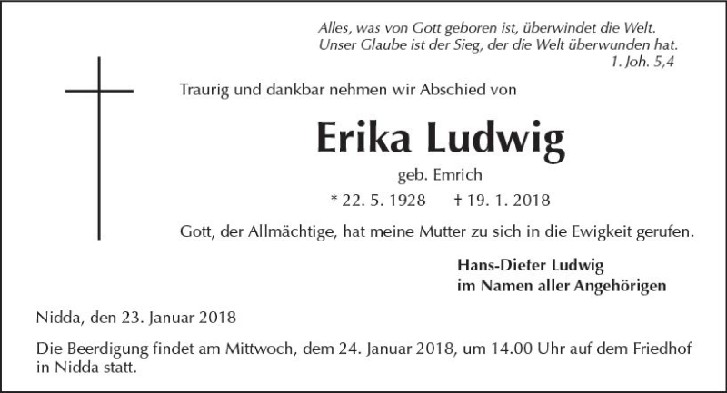  Traueranzeige für Erika Ludwig vom 23.01.2018 aus  Kreisanzeiger