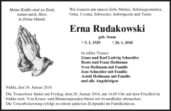 Traueranzeige von Erna Rudakowski von  Kreisanzeiger