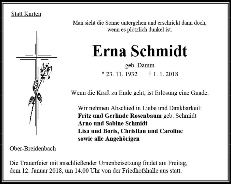  Traueranzeige für Erna Schmidt vom 09.01.2018 aus VRM Trauer