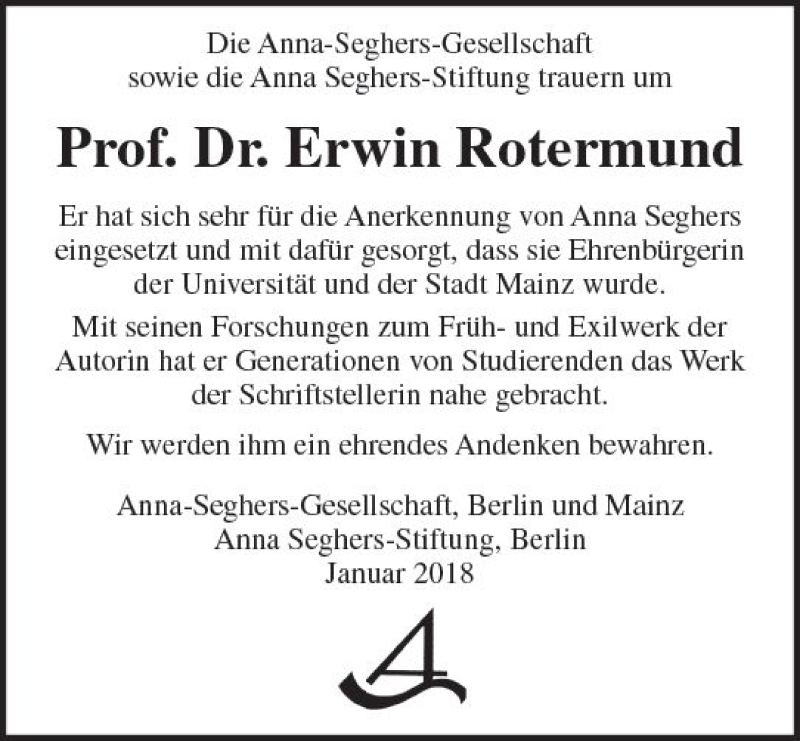 Traueranzeige für Erwin Rotermund vom 18.01.2018 aus Trauerportal Rhein Main Presse