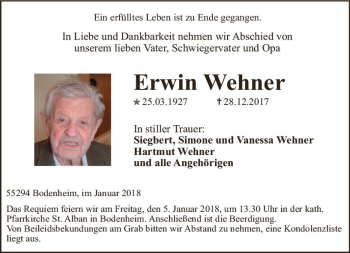 Traueranzeige von Erwin Wehner von Trauerportal Rhein Main Presse