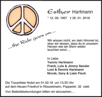 Traueranzeige von Esther Hartmann von Trauerportal Rhein Main Presse