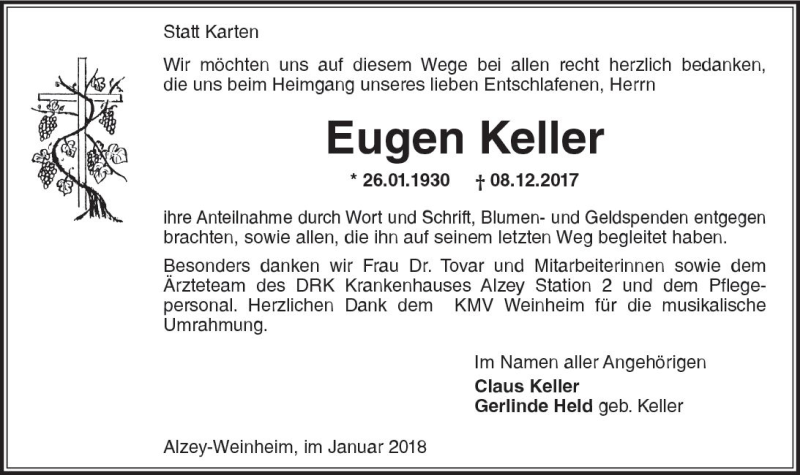  Traueranzeige für Eugen Keller vom 27.01.2018 aus Trauerportal Rhein Main Presse