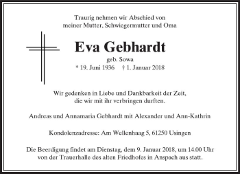 Traueranzeige von Eva Gebhardt von  Usinger Anzeiger