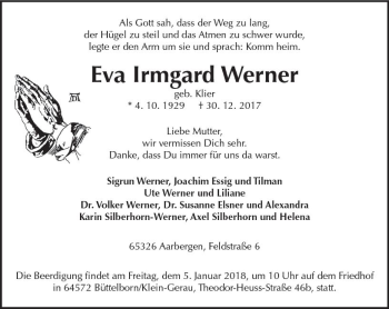 Traueranzeige von Eva Irmgard Werner von Trauerportal Rhein Main Presse