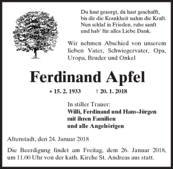 Traueranzeige von Ferdinand Apfel von  Kreisanzeiger