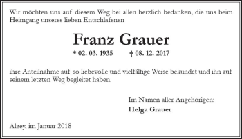 Traueranzeige von Franz Grauer von Trauerportal Rhein Main Presse