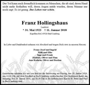 Traueranzeige von Franz Hollingshaus von  Camberger Anzeiger