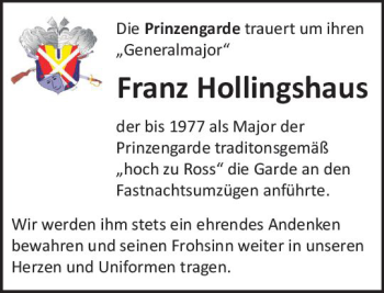 Traueranzeige von Franz Hollingshaus von  Camberger Anzeiger