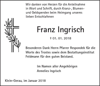 Traueranzeige von Franz Ingrisch von Trauerportal Rhein Main Presse