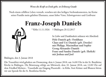 Traueranzeige von Franz-Joseph Daniels von  Kreisanzeiger