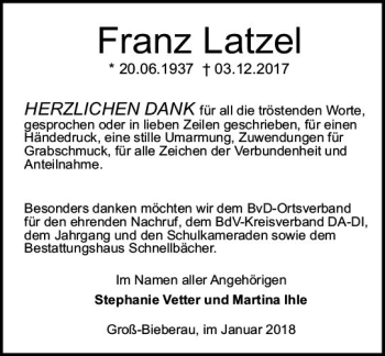 Traueranzeige von Franz Latzel von Trauerportal Rhein Main Presse