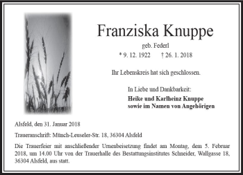 Traueranzeige von Franziska Knuppe von VRM Trauer