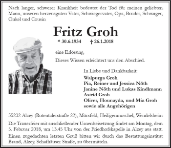 Traueranzeige von Fritz Groh von Trauerportal Rhein Main Presse