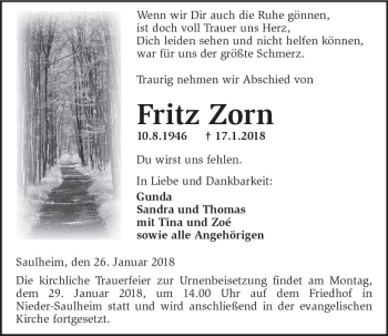 Traueranzeige von Fritz Zorn von Trauerportal Rhein Main Presse