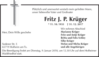 Traueranzeige von Fritz J. P. Krüger von Trauerportal Echo Online