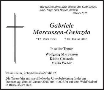 Traueranzeige von Gabriele Marcussen-Gwiazda von Trauerportal Rhein Main Presse