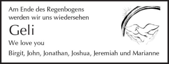 Traueranzeige von Geli  von  Kreisanzeiger