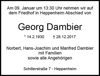Traueranzeige von Georg Dambier von Trauerportal Rhein Main Presse
