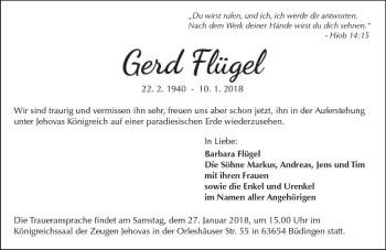 Traueranzeige von Gerd Flügel von  Kreisanzeiger