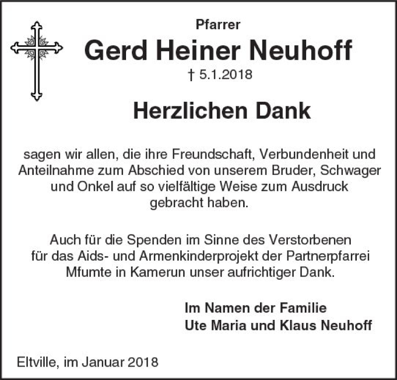  Traueranzeige für Gerd Heiner Neuhoff vom 20.01.2018 aus Trauerportal Rhein Main Presse