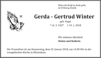 Traueranzeige von Gerda-Gertrud Winter von  Kreisanzeiger