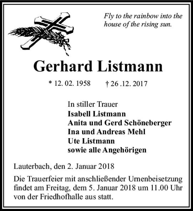  Traueranzeige für Gerhard Listmann vom 02.01.2018 aus VRM Trauer