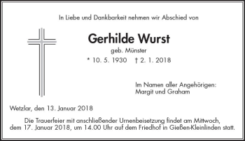 Traueranzeige von Gerhilde Wurst von  Gießener Anzeiger