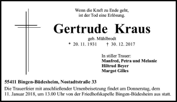 Traueranzeige von Gertrude Kraus von Trauerportal Rhein Main Presse