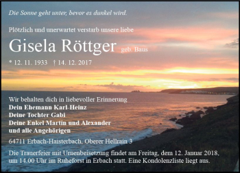 Traueranzeige von Gisela Röttger von Trauerportal Rhein Main Presse