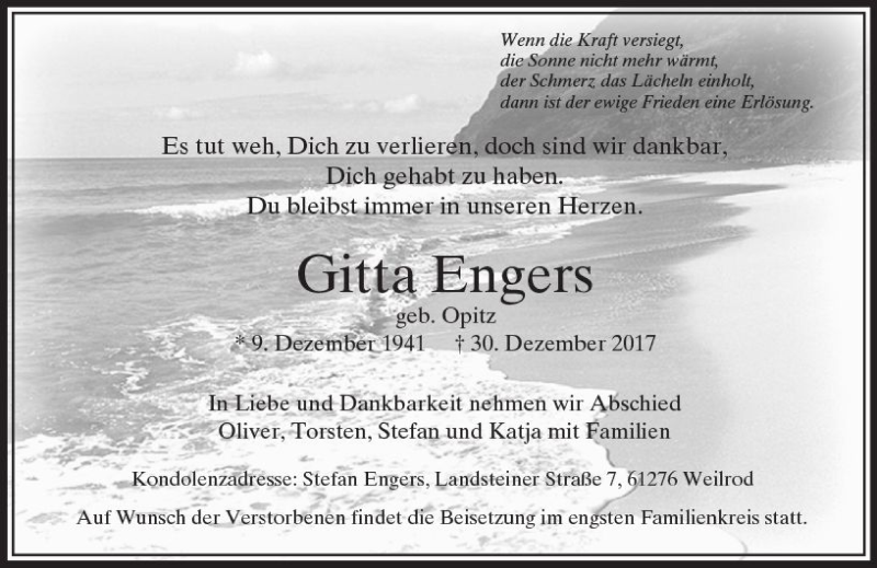  Traueranzeige für Gitta Engers vom 05.01.2018 aus  Usinger Anzeiger