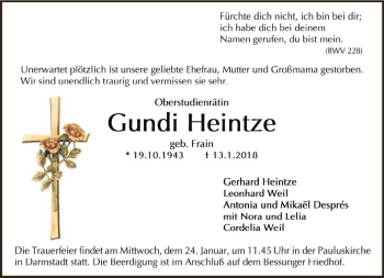 Traueranzeige von Gundi Heintze von Trauerportal Rhein Main Presse