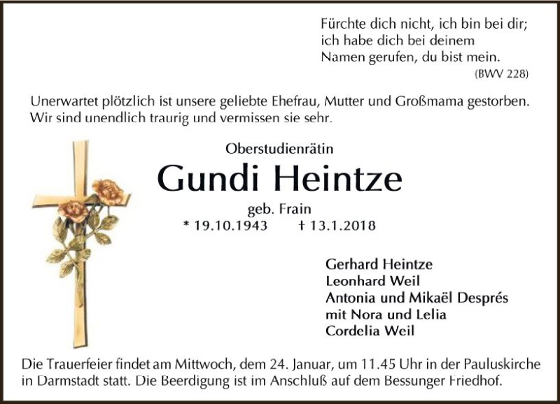  Traueranzeige für Gundi Heintze vom 20.01.2018 aus Trauerportal Rhein Main Presse