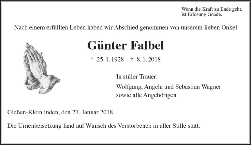  Traueranzeige für Günter Falbel vom 27.01.2018 aus  Gießener Anzeiger