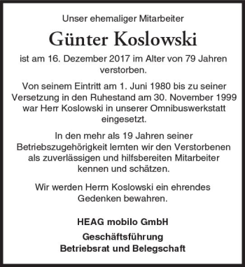 Traueranzeige von Günter Koslowski von Trauerportal Rhein Main Presse