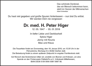 Traueranzeige von H. Peter Higer von Trauerportal Rhein Main Presse