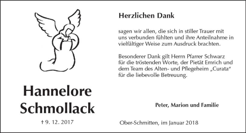  Traueranzeige für Hannelore Schmollack vom 06.01.2018 aus  Kreisanzeiger