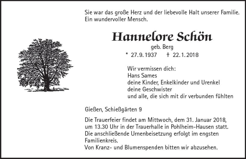  Traueranzeige für Hannelore Schön vom 27.01.2018 aus  Gießener Anzeiger