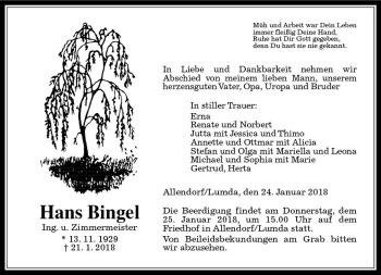 Traueranzeige von Hans Bingel von  Gießener Anzeiger